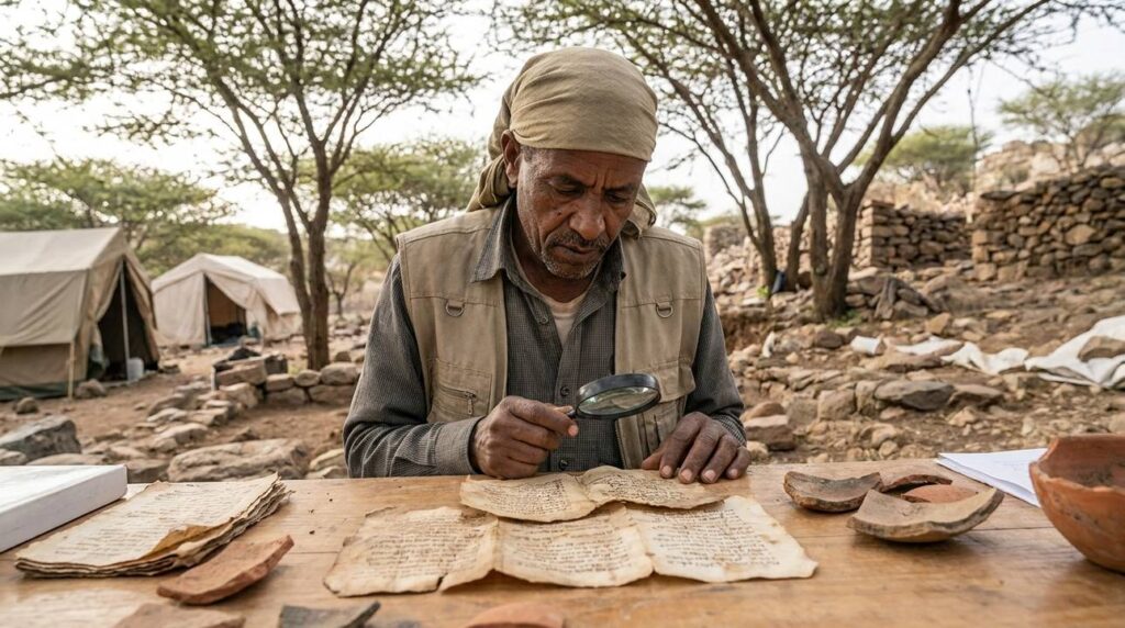 Ethiopian archaeologist examines ancient manuscripts at excavation site in Ethiopia.