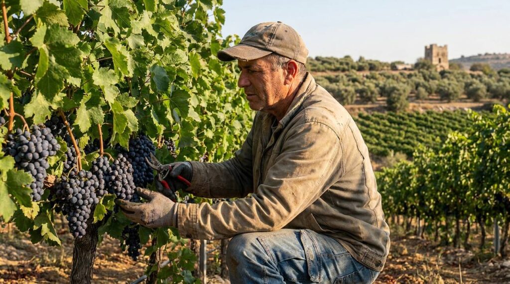 Middle-aged Israeli farmer tending vineyard in late afternoon light.