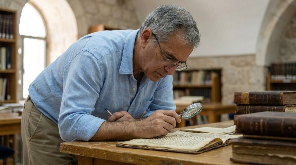 Israeli historian in casual attire studying ancient manuscripts in library.