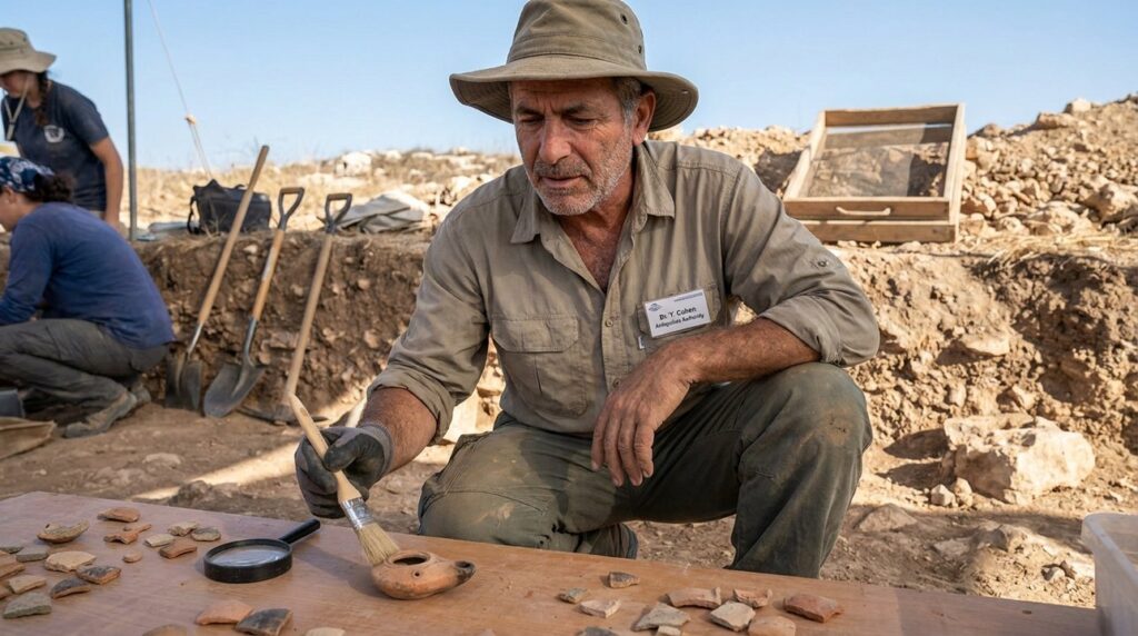 Israeli archeologist examines artifacts at a dig site in Israel.
