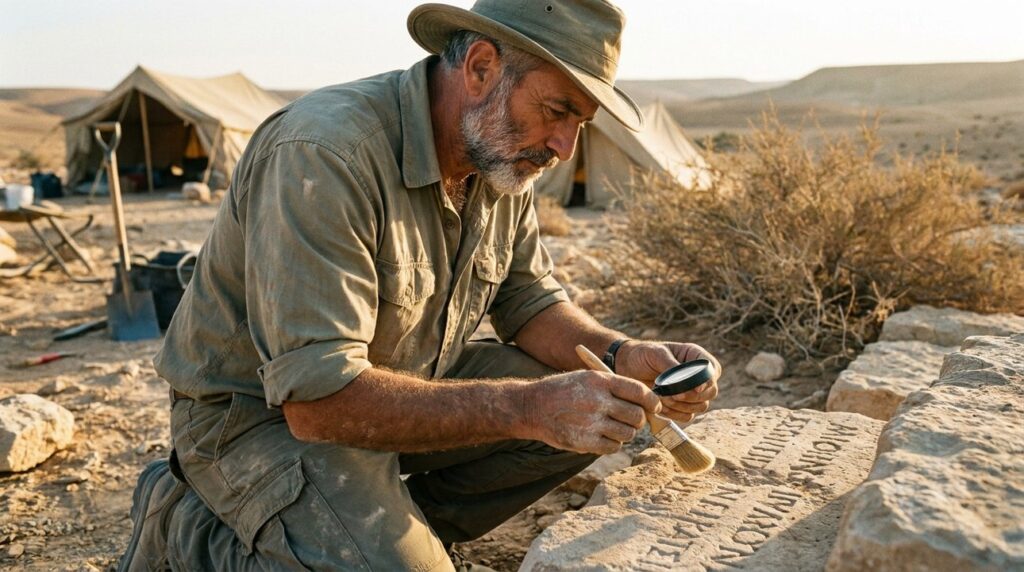 Israeli archaeologist examines ancient inscriptions in Negev Desert.