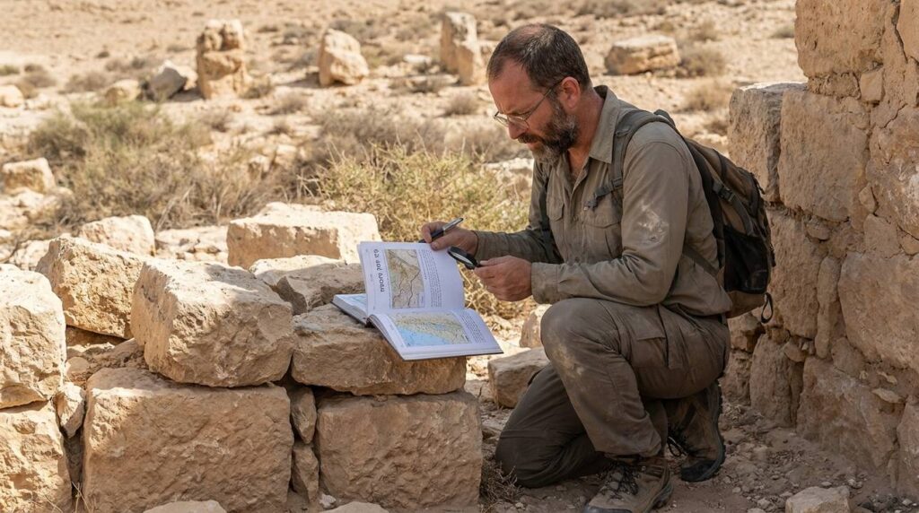 Israeli historian examining ancient ruins in the Valley of Achor.