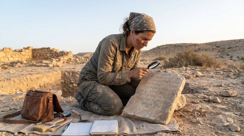 Israeli archaeologist examines stone tablet at historical site in Israel.