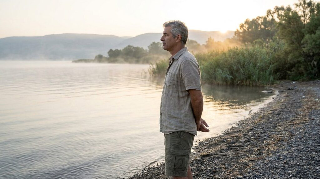 Israeli man in his 50s stands by the Sea of Galilee.