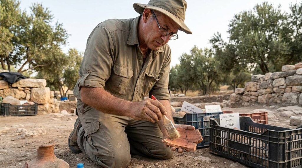 Israeli archaeologist examines ancient pottery shards near Jerusalem.