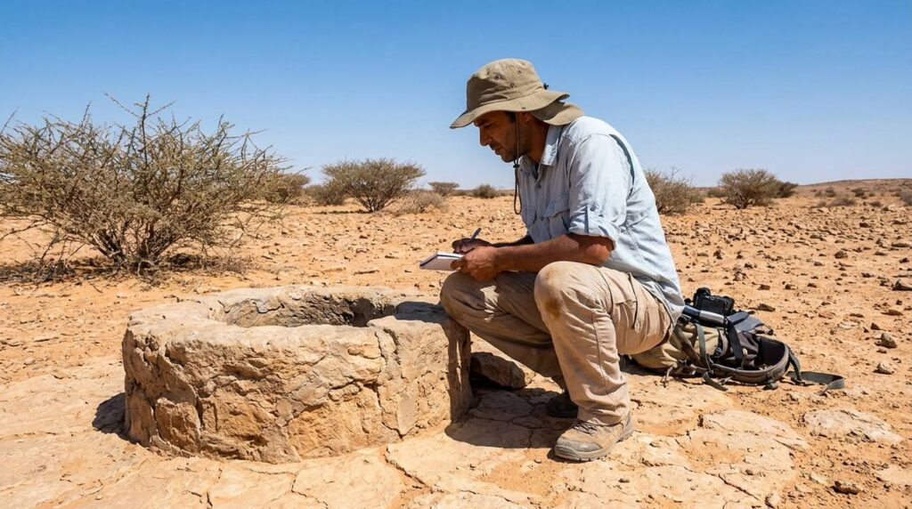 Researcher examining ancient well in desert, wearing sun hat and gear.