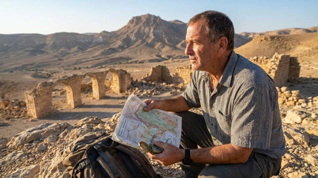 Israeli historian examining ancient ruins in desert with map and compass.
