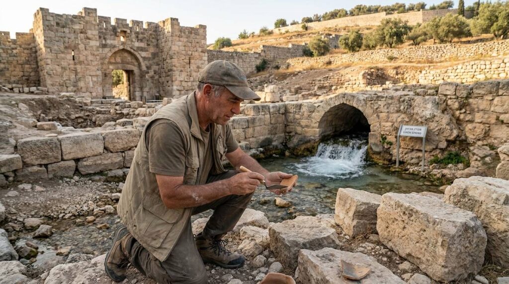 Israeli archaeologist examines ancient ruins near Water Gate in soft morning light.