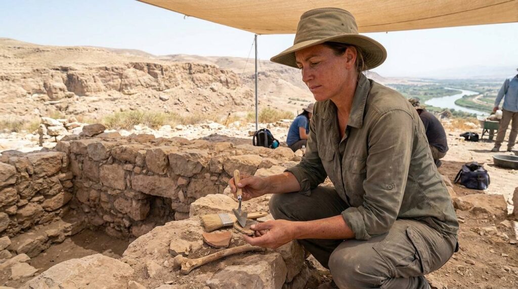Israeli archaeologist examines artifacts at Jordan river burial site.