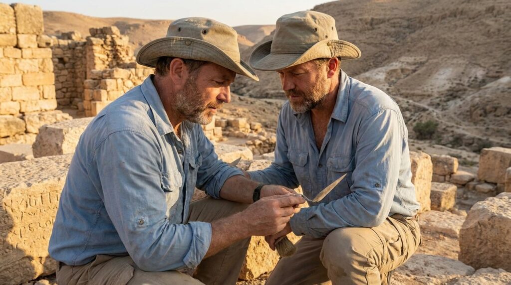 Archaeologist in field attire examines ancient ruins in Lehi desert.