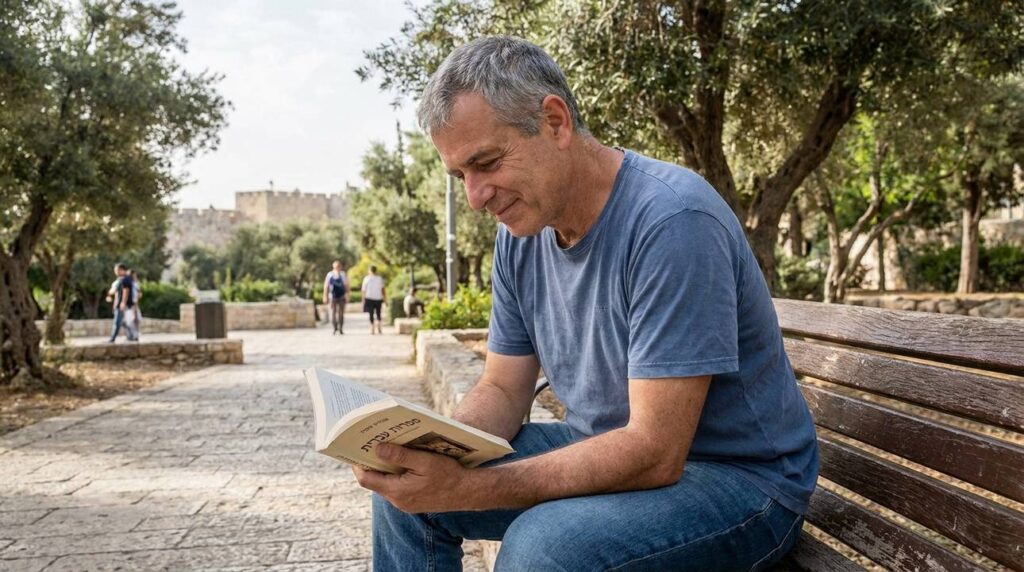 Middle-aged Israeli man reading a book on park bench in Jerusalem.