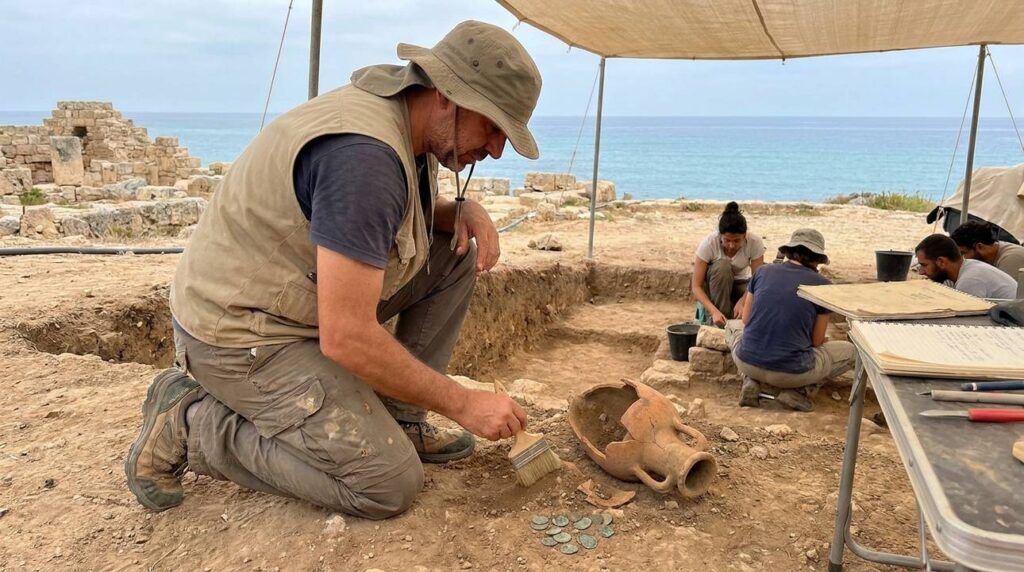 Archaeologist examining artifacts at coastal excavation site near Tyre.