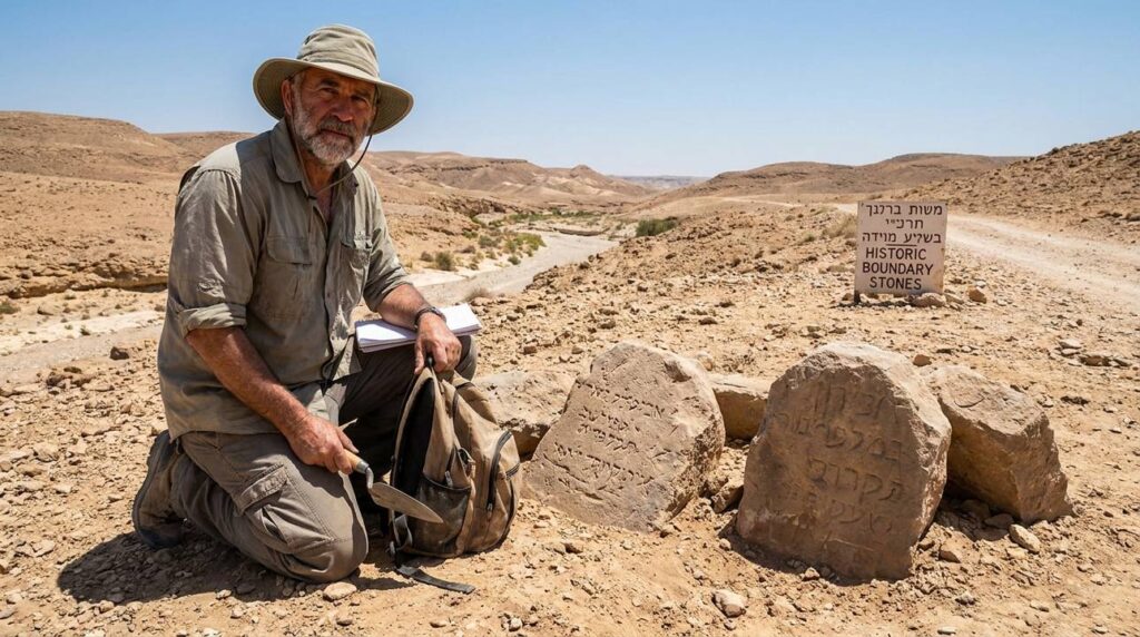 Middle-aged Israeli archaeologist examines boundary stones in Negev desert.