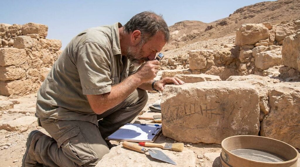 Archaeologist examining ancient ruins in Negev desert, Israel.