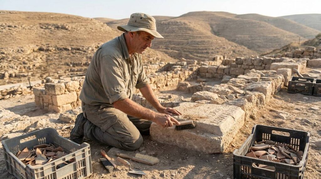 Middle-aged Israeli archaeologist examines stone ruins in Judean hills.
