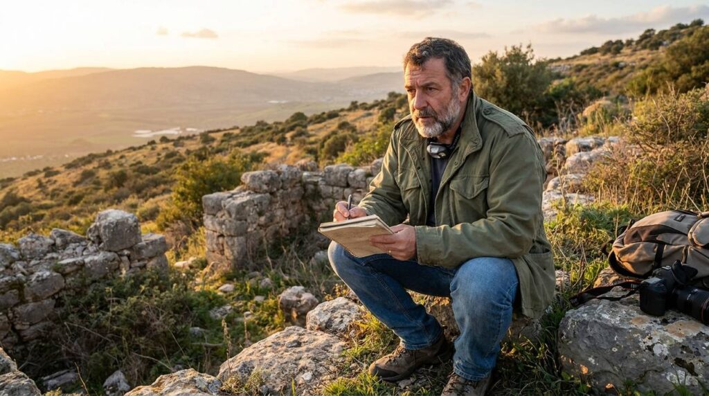 Israeli historian examines ancient ruins on Mount Zalmon with notebook.