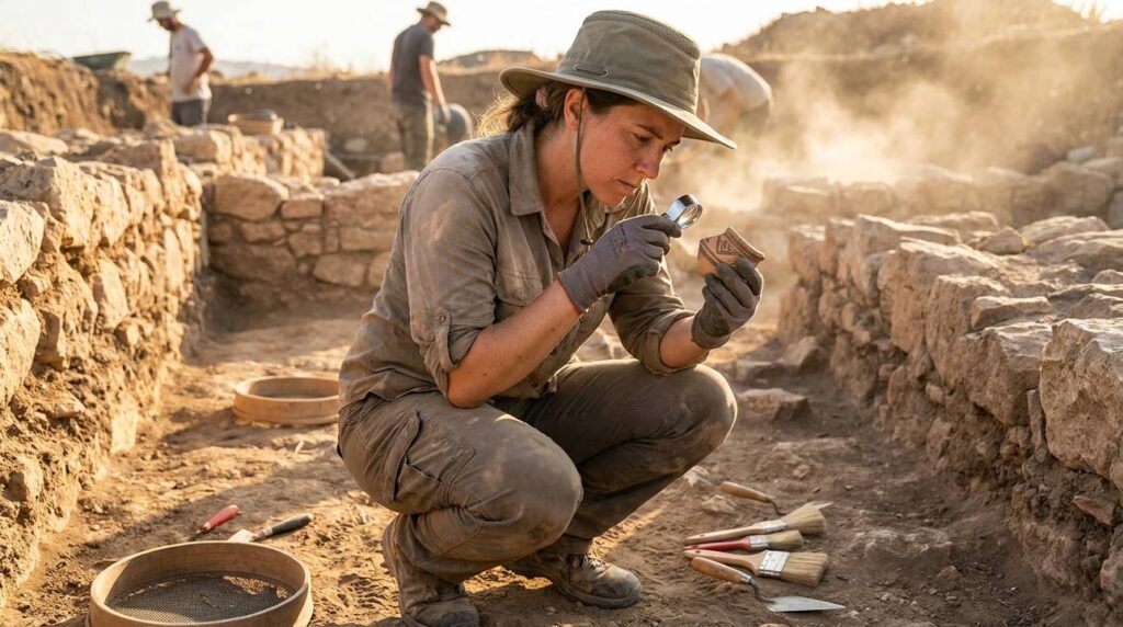 Archaeologist examines pottery shard at Heshbon archaeological site.