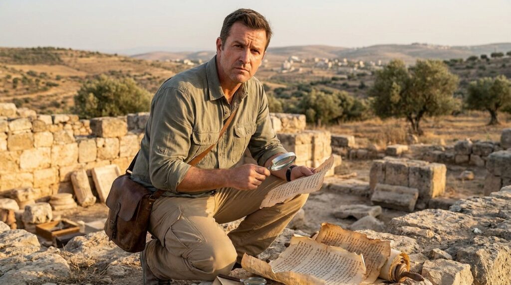 Historian examines ancient scripts at Bahurim ruins in soft light.