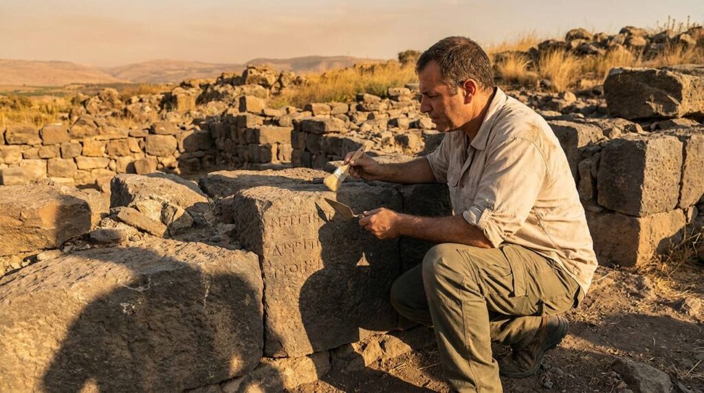 Israeli archaeologist examines ancient ruins in Bashan at golden hour.