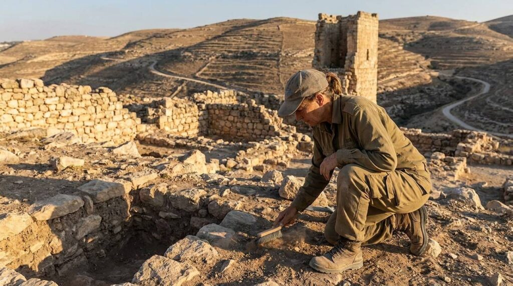 Israeli archaeologist examines ancient ruins in Judea at sunset.