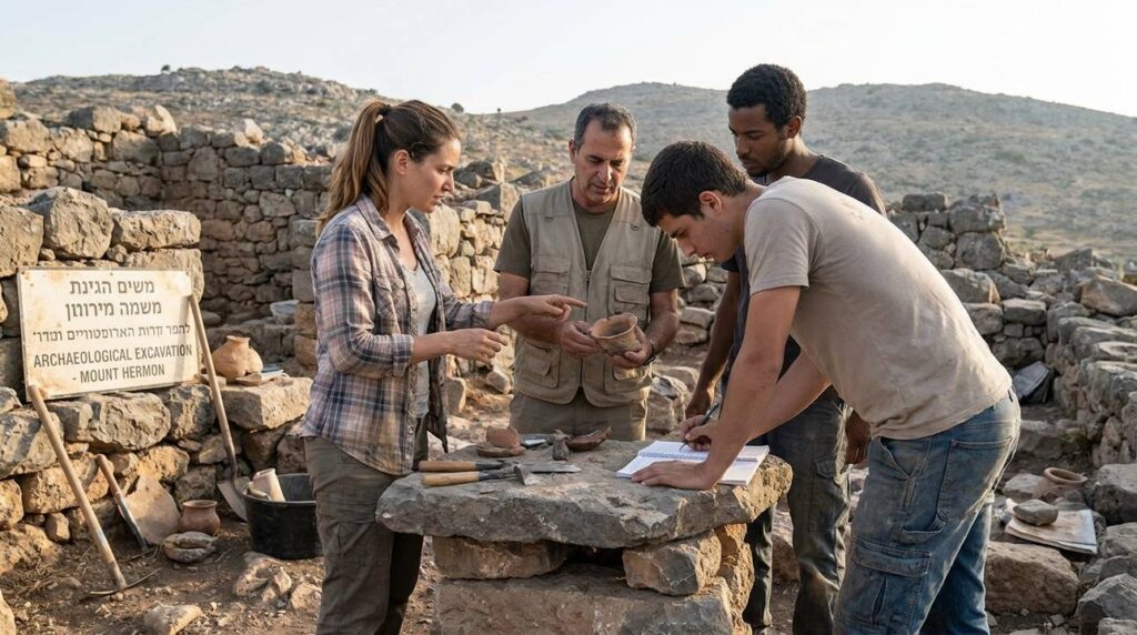 Israeli archaeologists examining artifacts at Mount Hermon ruins.