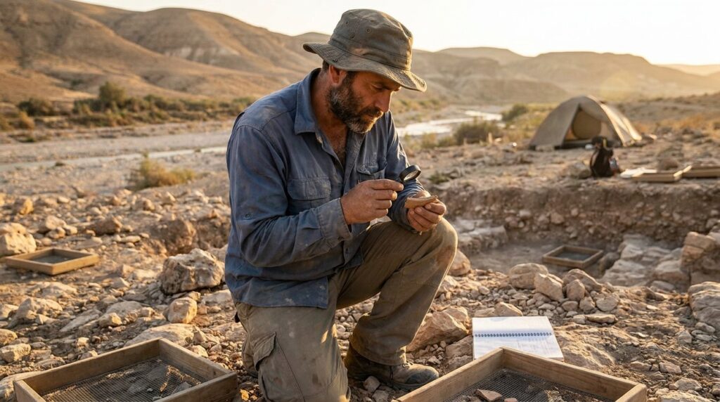 Israeli archeologist examines artifacts in Valley of Achor at sunset.