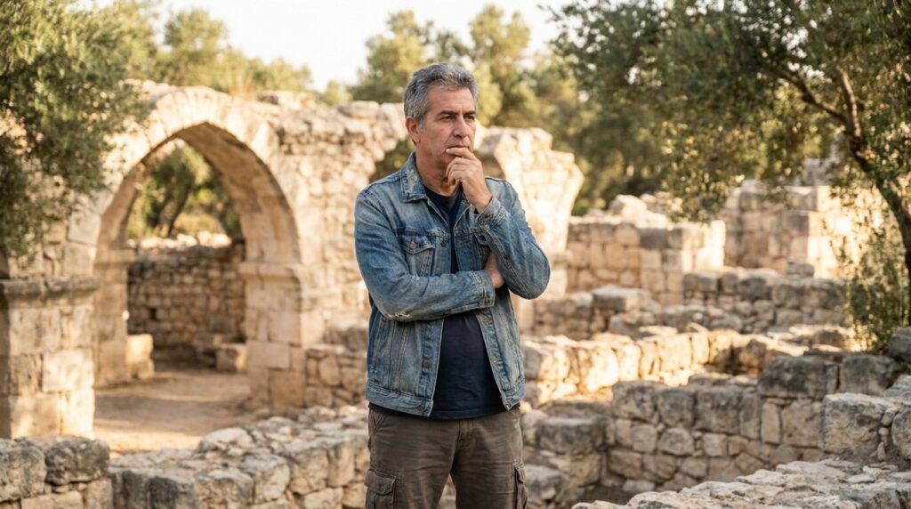 Middle-aged Israeli man reflects thoughtfully in ancient ruins, early morning.