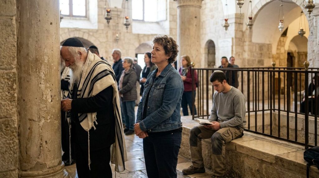 Diverse visitors contemplate quietly in softly lit Cave of Machpelah.