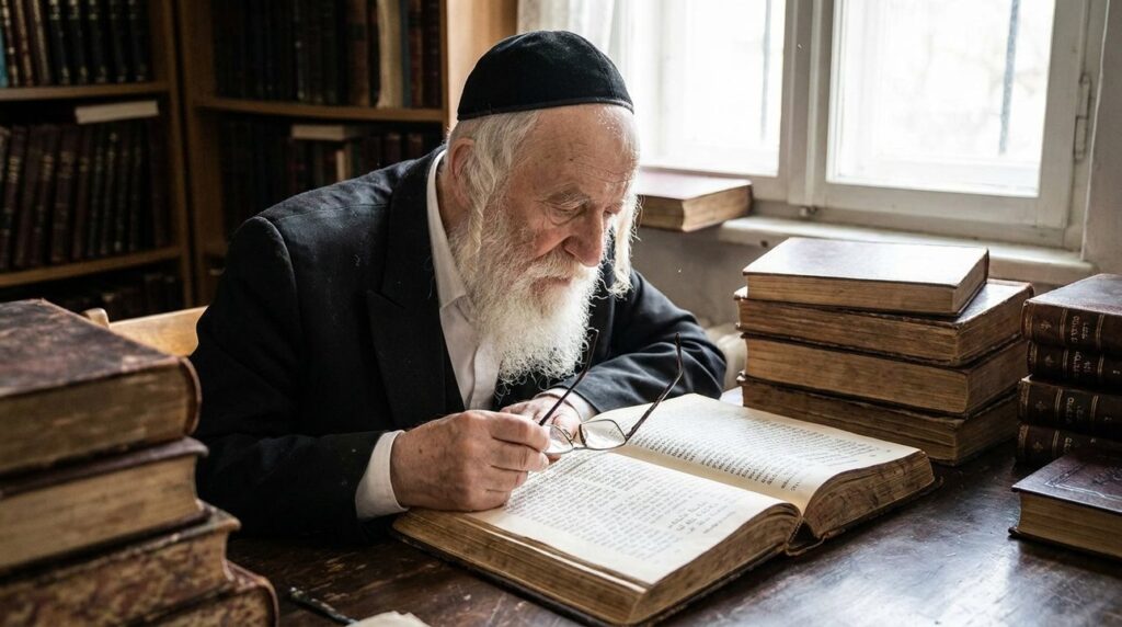 Elderly Orthodox Jewish man reading ancient texts at wooden table.