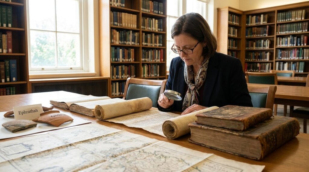 Israeli historian examines ancient scrolls in a library.
