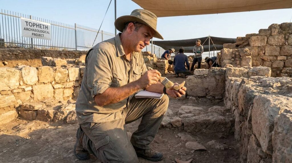 Israeli archaeologist examining ancient ruins at Topheth with tools in hand.