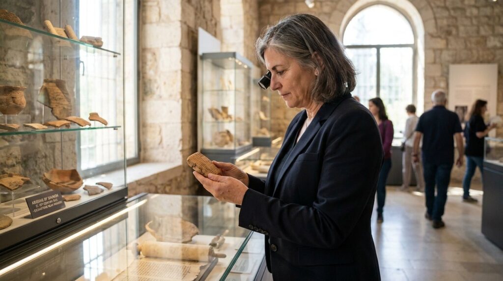 Middle-aged Israeli historian examines Abishag artifacts in Jerusalem museum.