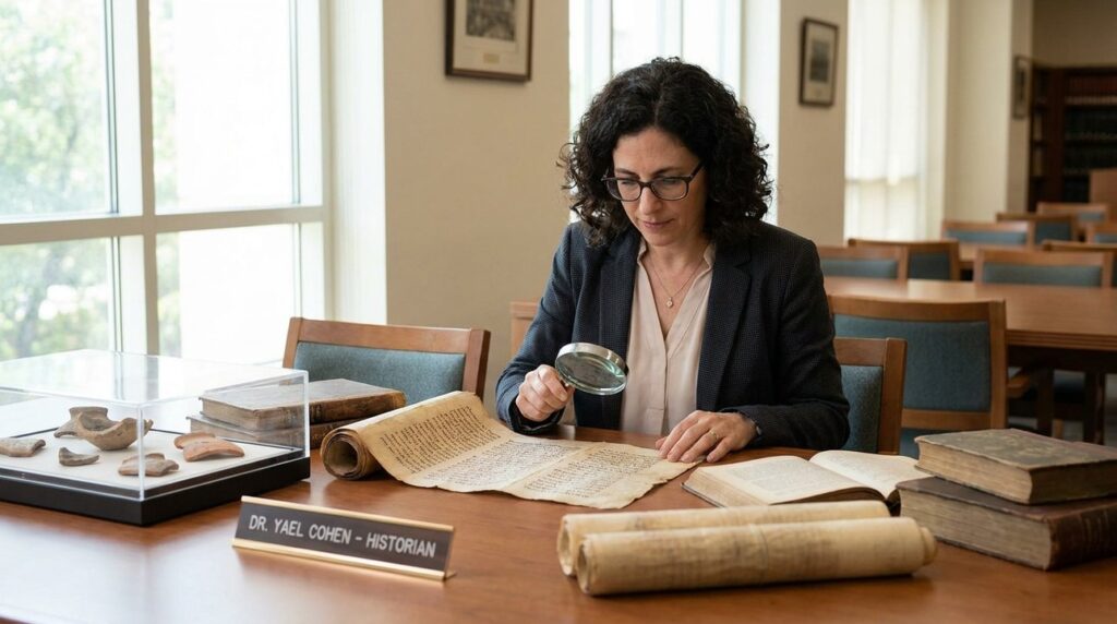 Israeli historian examines ancient manuscripts and artifacts in a research institute.