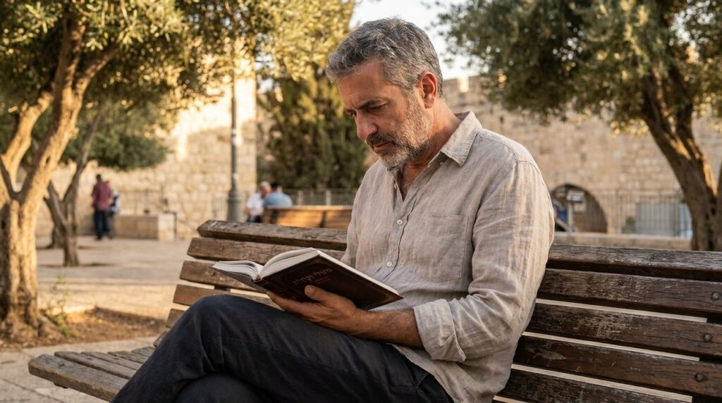 Middle-aged Israeli man reading book on park bench at dusk.