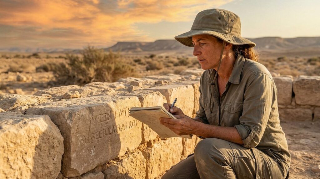 Israeli archaeologist examines ruins in Negev desert at sunset.