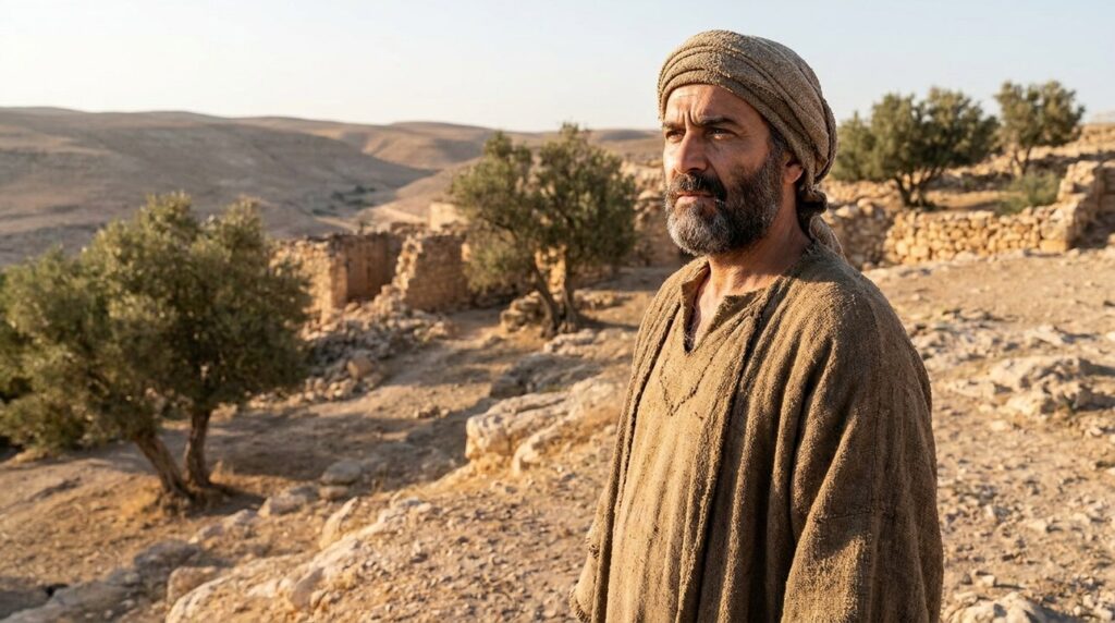 Middle Eastern man in robes stands thoughtfully in ancient landscape.