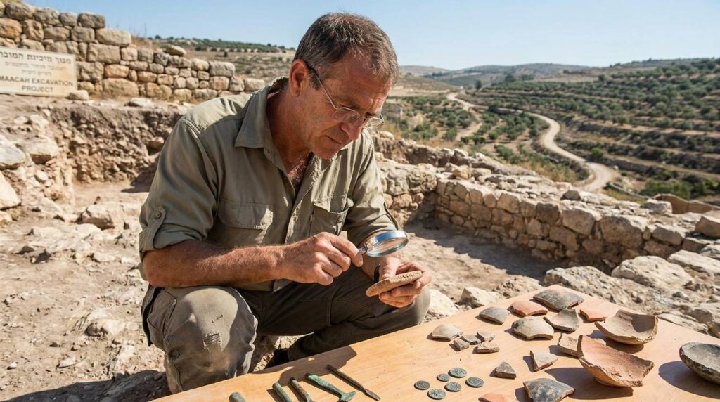 Israeli archeologist examining artifacts at Maacah historical site.