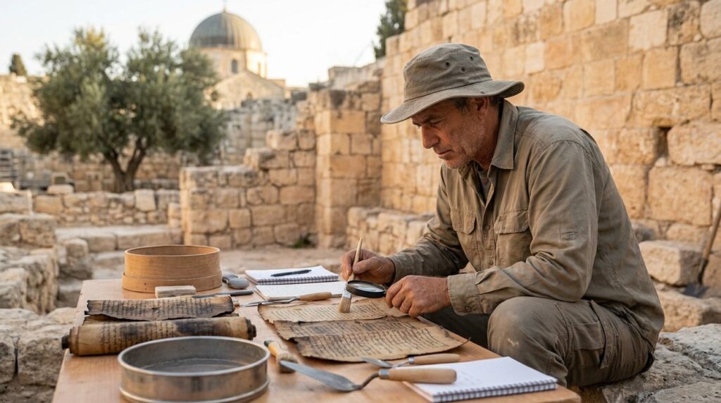 Middle-aged Israeli archaeologist examines ancient scrolls at Jerusalem site.