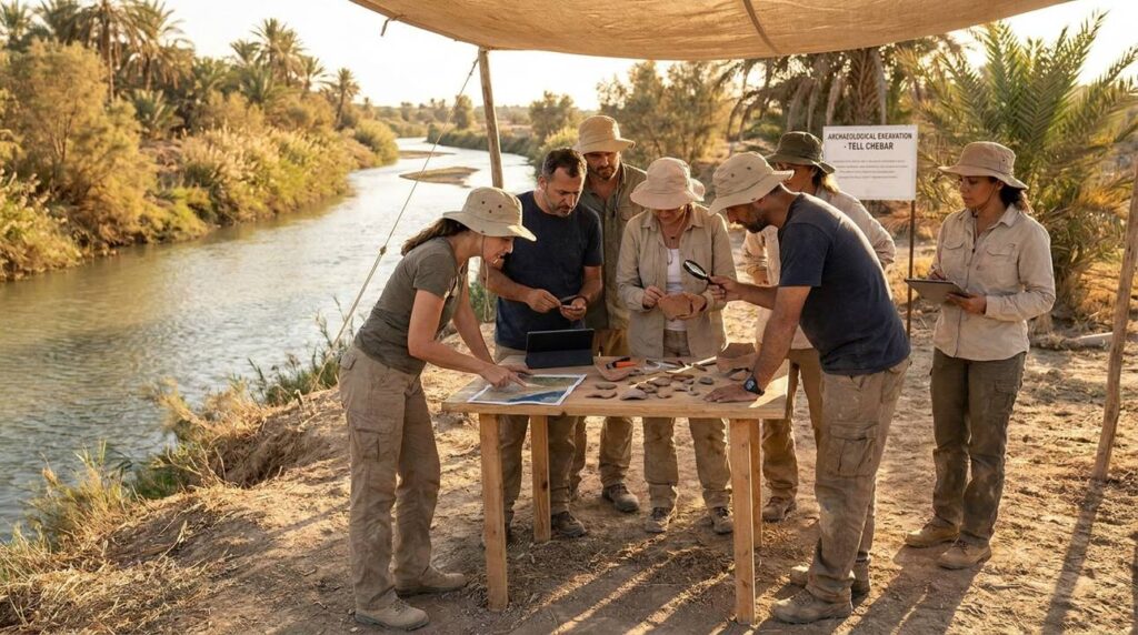 Archaeologists examine artifacts by Chebar River, Iraq, in late afternoon.