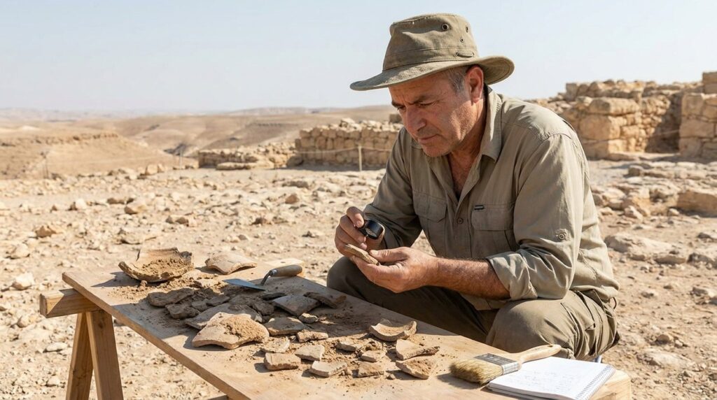 Israeli archaeologist examines pottery shards at Arad, desert landscape behind.