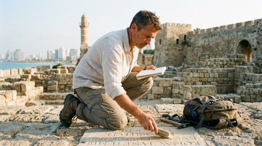 Historian in linen shirt examines ancient ruins in Joppa with notebook.
