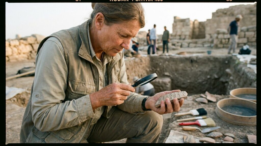 Middle-aged archaeologist examines ancient inscriptions on pottery shards outdoors.
