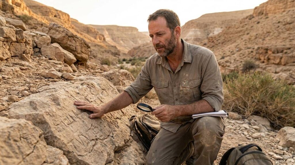 Israeli archaeologist examines ancient carvings in Wadi Cherith desert.