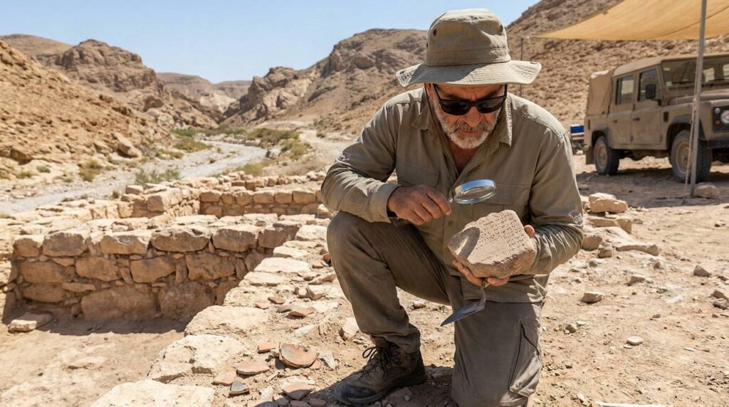 Israeli archaeologist examines ancient stone tablet in Negev desert.