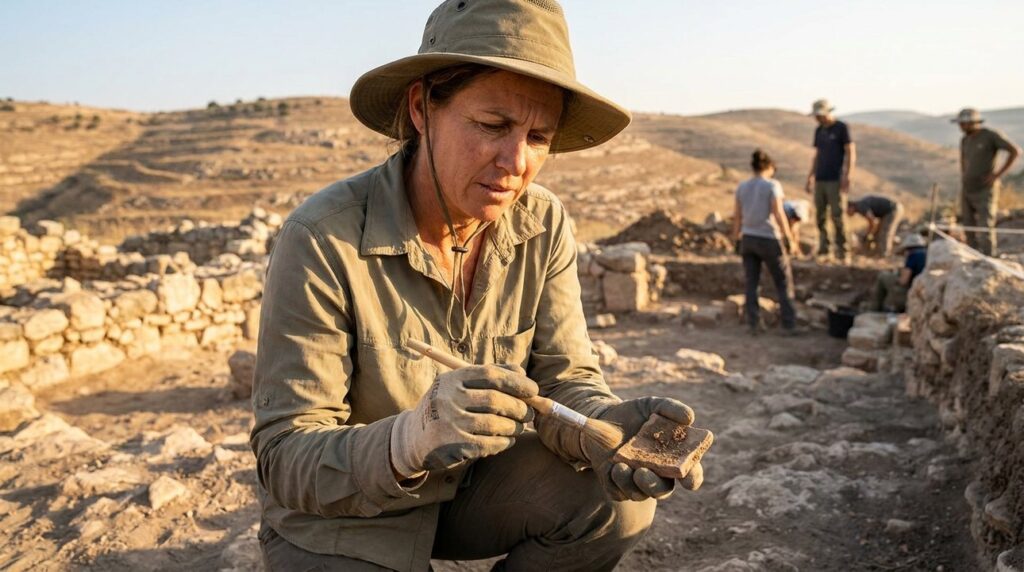 Israeli archaeologist examines artifacts at Aijalon, golden evening light.