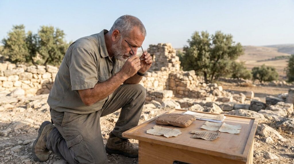 Israeli archaeologist examining ancient artifacts at outdoor site in Israel.