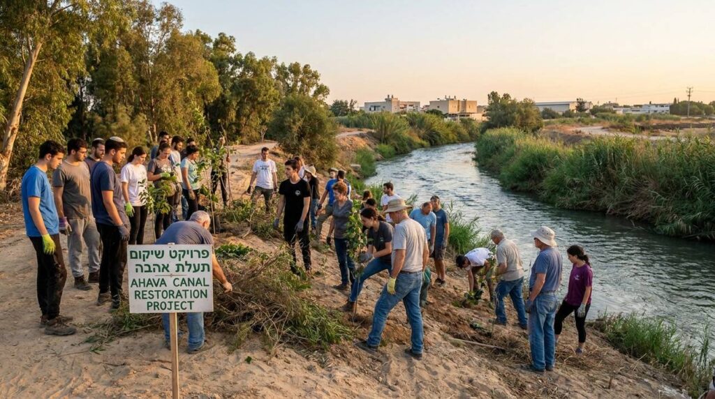 Diverse group of Israelis by Ahava Canal in teamwork activity.