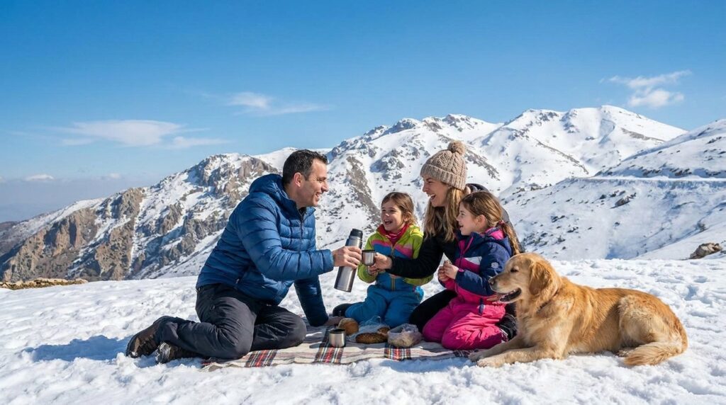 Israeli family enjoys picnic on snowy Mount Hermon.