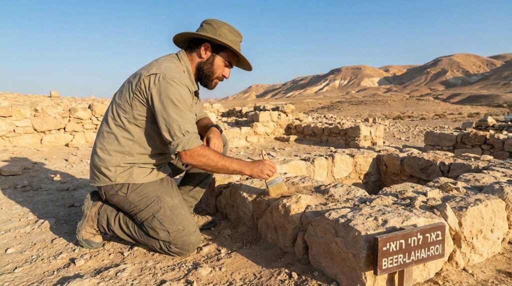 Israeli archaeologist examines ancient ruins in Negev desert landscape.