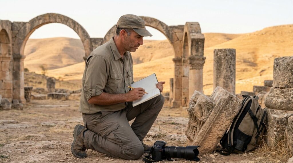 Israeli historian in casual clothes examines ancient ruins with notebook.